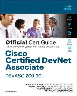 Coperta cărții "Cisco Certified Devnet Associate Devasc 200-901 Official Cert Guide" de Chris Jackson, Jason Gooley, Adrian Iliesiu, Ashutosh Malegaonkar