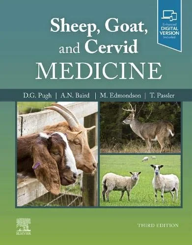 Coperta cărții "Sheep, Goat, and Cervid Medicine" de D. G. Pugh, N. (Nickie) Baird, Misty Edmondson, Thomas Passler