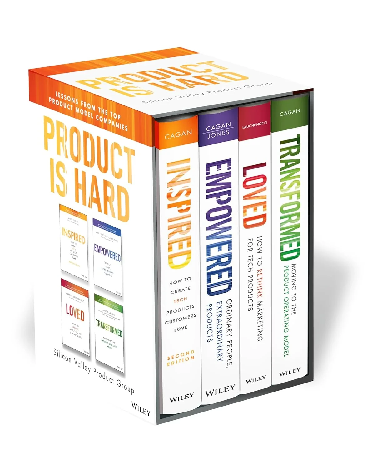 Coperta cărții "Product is Hard SVPG Box Set: Includes INSPIRED, EMPOWERED, LOVED, and TRANSFORMED" de Marty Cagan, Chris Jones, Christian Idiodi, Lea Hickman, Martina Lauchengco, Jonathan Moore