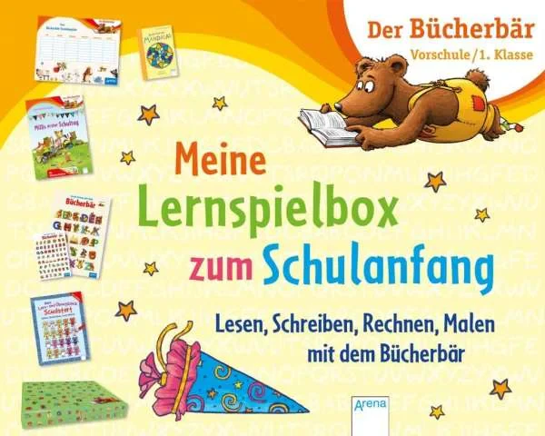 Coperta cărții "Meine Lernspielbox zum Schulanfang: Lesen, Schreiben, Rechnen, Malen mit dem Bücherbär" de Frauke Nahrgang, Sabine Simon, Carola Schäfer, Fréderic Bertrand
