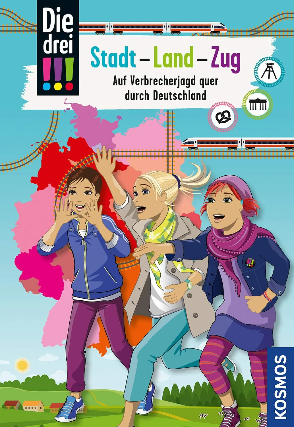 Coperta cărții "Die drei. Stadt - Land - Zug: Auf Verbrecherjagd quer durch Deutschland" de Kari Erlhoff, Ina Biber, Andrea Jansen