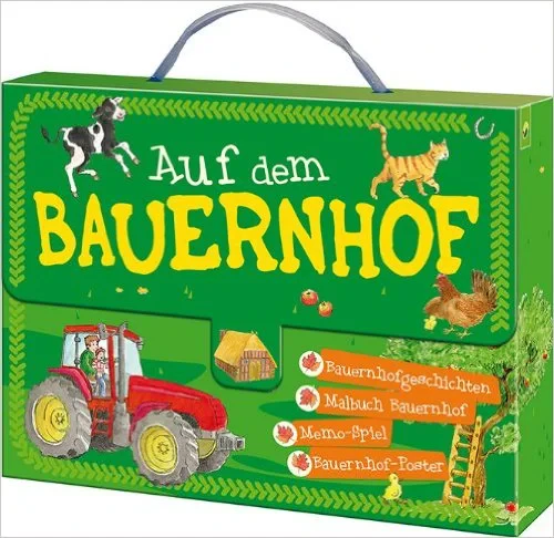 Coperta cărții "Kinderkoffer - Auf dem Bauernhof: Bauernhofgeschichten - Malbuch Bauernhof - Memo-Spiel - Bauernhof-Poster" de Schwager Und Steinlein
