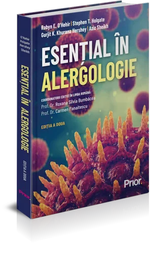 Coperta cărții "ESENTIAL IN ALERGOLOGIE" de MD, PhD, Gurjit K. Khurana Hershey, Aziz Sheikh, Robyn E. OHehir, FAHMS, Stephen T. Holgate, FMedSci, Coordonatorii editiei in limba romana: Prof. Dr. Roxana Silvia Bumbacea, Prof. Dr. Carmen Panaitescu